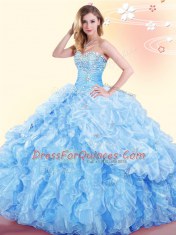 Pick Ups Baby Blue Sleeveless Organza Lace Up Sweet 16 Dress for Military Ball and Sweet 16 and Quinceanera