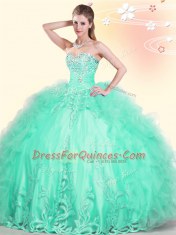 Tulle Sleeveless Floor Length Quinceanera Dresses and Beading and Appliques and Ruffles