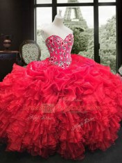 Red Lace Up Sweetheart Embroidery and Ruffles Quince Ball Gowns Organza Sleeveless