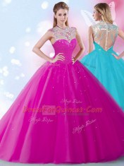 Cheap Scoop High-neck Sleeveless Tulle Quinceanera Gowns Beading and Sequins Zipper