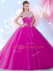 Cheap Scoop High-neck Sleeveless Tulle Quinceanera Gowns Beading and Sequins Zipper