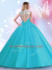 Cheap Scoop High-neck Sleeveless Tulle Quinceanera Gowns Beading and Sequins Zipper