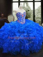 Sweetheart Sleeveless Sweet 16 Dresses Floor Length Embroidery and Ruffles Royal Blue Organza