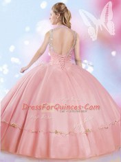 Cheap Floor Length Watermelon Red Quinceanera Dress High-neck Sleeveless Lace Up