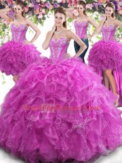 Affordable Four Piece Fuchsia Tulle Lace Up Sweet 16 Dresses Sleeveless Floor Length Beading and Ruffles