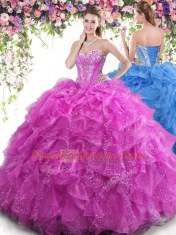 Affordable Four Piece Fuchsia Tulle Lace Up Sweet 16 Dresses Sleeveless Floor Length Beading and Ruffles