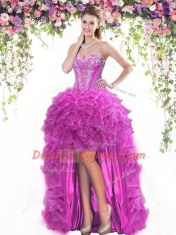 Affordable Four Piece Fuchsia Tulle Lace Up Sweet 16 Dresses Sleeveless Floor Length Beading and Ruffles
