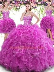 Affordable Four Piece Fuchsia Tulle Lace Up Sweet 16 Dresses Sleeveless Floor Length Beading and Ruffles