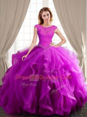 Luxury Three Piece Scoop Fuchsia Tulle Lace Up 15th Birthday Dress Cap Sleeves With Brush Train Beading and Appliques and Ruffles