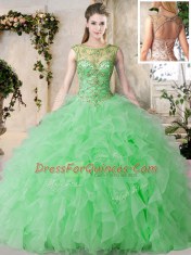 Exquisite Scoop Sleeveless Ball Gown Prom Dress Floor Length Beading and Ruffles Green Organza