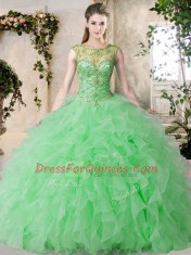 Exquisite Scoop Sleeveless Ball Gown Prom Dress Floor Length Beading and Ruffles Green Organza