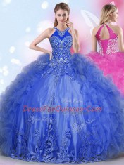 Halter Top Floor Length Royal Blue Sweet 16 Dress Tulle Sleeveless Appliques and Ruffles
