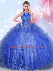 Halter Top Floor Length Royal Blue Sweet 16 Dress Tulle Sleeveless Appliques and Ruffles