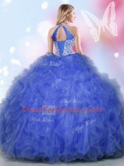 Halter Top Floor Length Royal Blue Sweet 16 Dress Tulle Sleeveless Appliques and Ruffles