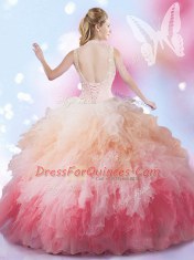 High-neck Sleeveless Tulle Vestidos de Quinceanera Beading and Ruffles Lace Up