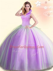 Lilac Ball Gowns Tulle High-neck Sleeveless Beading Floor Length Backless 15th Birthday Dress