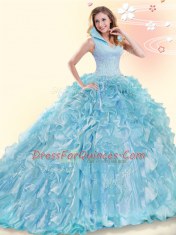 Aqua Blue High-neck Backless Beading and Ruffles Quinceanera Dresses Brush Train Sleeveless