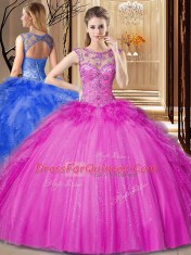 Scoop Floor Length Ball Gowns Sleeveless Hot Pink 15th Birthday Dress Lace Up