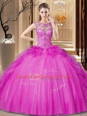 Scoop Floor Length Ball Gowns Sleeveless Hot Pink 15th Birthday Dress Lace Up