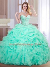 Beautiful Beading and Ruffles and Pick Ups Quinceanera Gowns Apple Green Lace Up Sleeveless Floor Length