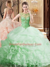 Fashionable Apple Green Ball Gowns Organza Scoop Sleeveless Beading and Ruffles and Pick Ups Lace Up Quinceanera Gowns Brush Train