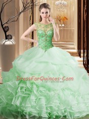 Fashionable Apple Green Ball Gowns Organza Scoop Sleeveless Beading and Ruffles and Pick Ups Lace Up Quinceanera Gowns Brush Train