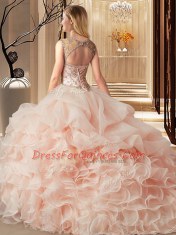 Fashionable Apple Green Ball Gowns Organza Scoop Sleeveless Beading and Ruffles and Pick Ups Lace Up Quinceanera Gowns Brush Train