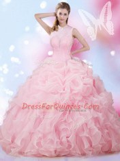 Floor Length Lace Up Vestidos de Quinceanera Baby Pink for Military Ball and Sweet 16 and Quinceanera with Beading and Ruffles and Pick Ups