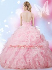 Floor Length Lace Up Vestidos de Quinceanera Baby Pink for Military Ball and Sweet 16 and Quinceanera with Beading and Ruffles and Pick Ups