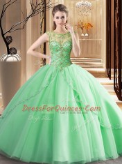 Scoop Sleeveless Brush Train Lace Up Beading Quinceanera Dress