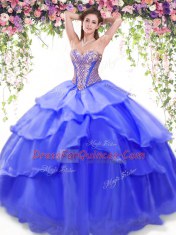 Beading and Ruffled Layers 15th Birthday Dress Blue Lace Up Sleeveless Floor Length