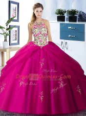 Halter Top Embroidery and Pick Ups Quinceanera Dresses Fuchsia Lace Up Sleeveless Floor Length