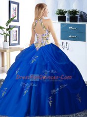 Halter Top Embroidery and Pick Ups Quinceanera Dresses Fuchsia Lace Up Sleeveless Floor Length