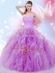 Luxurious Halter Top Lilac Lace Up Sweet 16 Dress Beading and Ruffles Sleeveless Floor Length