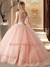 Trendy Watermelon Red Tulle Lace Up Scoop Sleeveless Quinceanera Dresses Brush Train Beading