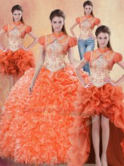 Four Piece Orange Red Ball Gowns Organza Straps Sleeveless Beading and Ruffles With Train Lace Up 15th Birthday Dress Brush Train