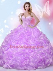 Elegant Fabric With Rolling Flowers Sweetheart Sleeveless Lace Up Beading 15th Birthday Dress in Lavender