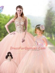 Peach Scoop Lace Up Beading Ball Gown Prom Dress Sleeveless