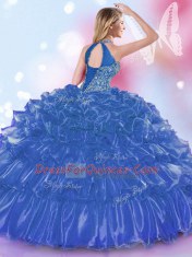 Organza Halter Top Sleeveless Lace Up Appliques and Ruffled Layers Quinceanera Dress in Royal Blue