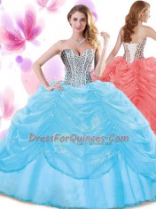 Sweet Sleeveless Organza Floor Length Lace Up Quinceanera Gowns in Baby Blue with Beading and Pick Ups