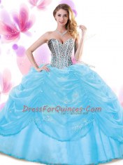 Sweet Sleeveless Organza Floor Length Lace Up Quinceanera Gowns in Baby Blue with Beading and Pick Ups