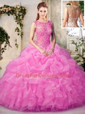 Scoop Floor Length Lace Up Vestidos de Quinceanera Rose Pink for Military Ball and Sweet 16 and Quinceanera with Beading and Ruffles and Pick Ups