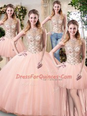Perfect Scoop Peach Lace Up Quinceanera Gowns Beading Sleeveless Floor Length