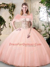Perfect Scoop Peach Lace Up Quinceanera Gowns Beading Sleeveless Floor Length