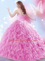 Sleeveless Tulle Brush Train Lace Up Quinceanera Gown in Rose Pink with Beading and Ruffles