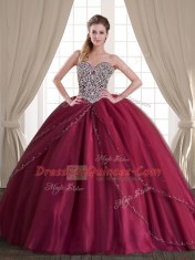 Graceful Burgundy 15 Quinceanera Dress Military Ball and Sweet 16 and Quinceanera and For with Beading Sweetheart Sleeveless Brush Train Lace Up