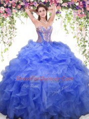 Traditional Beading and Ruffles Sweet 16 Dress Blue Lace Up Sleeveless Floor Length Traditional Beading and Ruffles Sweet 16 Dress Blue Lace Up Sleeveless Floor Length