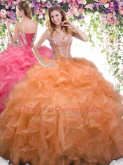Fashion Orange Ball Gowns Sweetheart Sleeveless Organza Floor Length Lace Up Beading and Ruffles Quinceanera Gowns