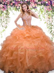 Fashion Orange Ball Gowns Sweetheart Sleeveless Organza Floor Length Lace Up Beading and Ruffles Quinceanera Gowns