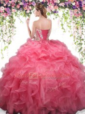 Fashion Orange Ball Gowns Sweetheart Sleeveless Organza Floor Length Lace Up Beading and Ruffles Quinceanera Gowns